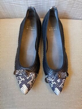 Stuart Weitzman Black Flats with Snake-Print Pointed Toe and Bow